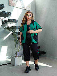 Жіночий спортивний чорно-зелений костюм з капюшоном великі розміри