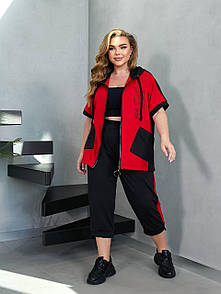 Жіночий спортивний чорно-червоний костюм з капюшоном великі розміри