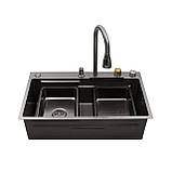Набір: Кухонна мийка Kroner KRP Schwarze - SET7545HM PVD (3.0/0.8 мм) "Водоспад" чорна, фото 4
