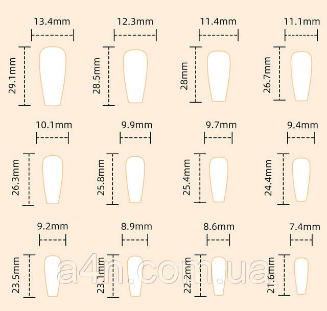 Накладные ногти - Интернет-магазин A4N Размеры накладных ногтей