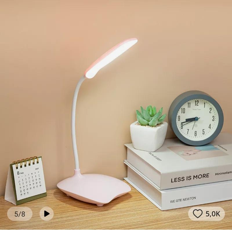 Лампа світильник led акумуляторна настільна гнучка ніжка 27см, 14 світлодіодів 3 режими яскравості, рожева