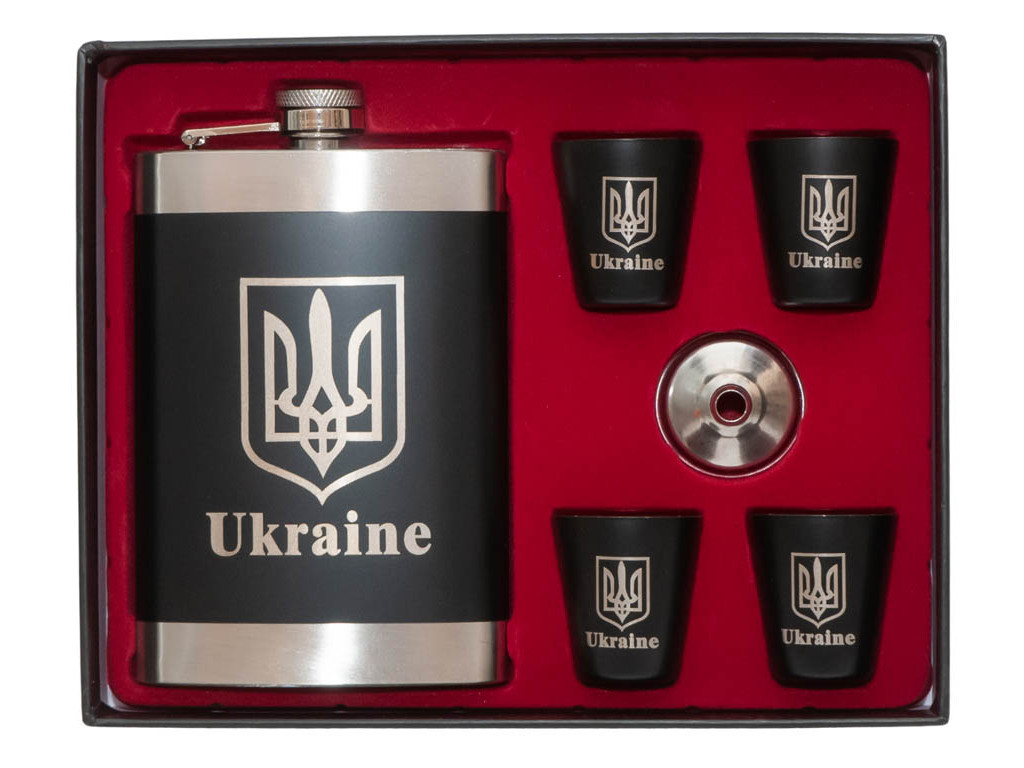 Набір з флягою Україна: фляга 270 мл, 4 стопки, лійка, фото 1