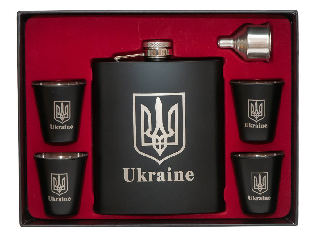 Набір з флягою Україна: фляга 540 мл, 4 стопки, лійка, фото 1