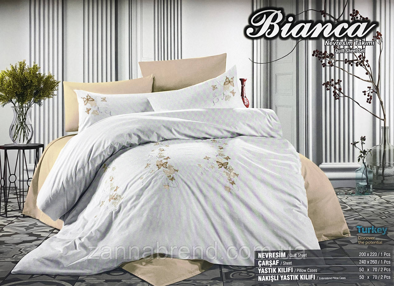 Євро комплект постільної білизни з вишивкою колір бежево-білий "Bianca"