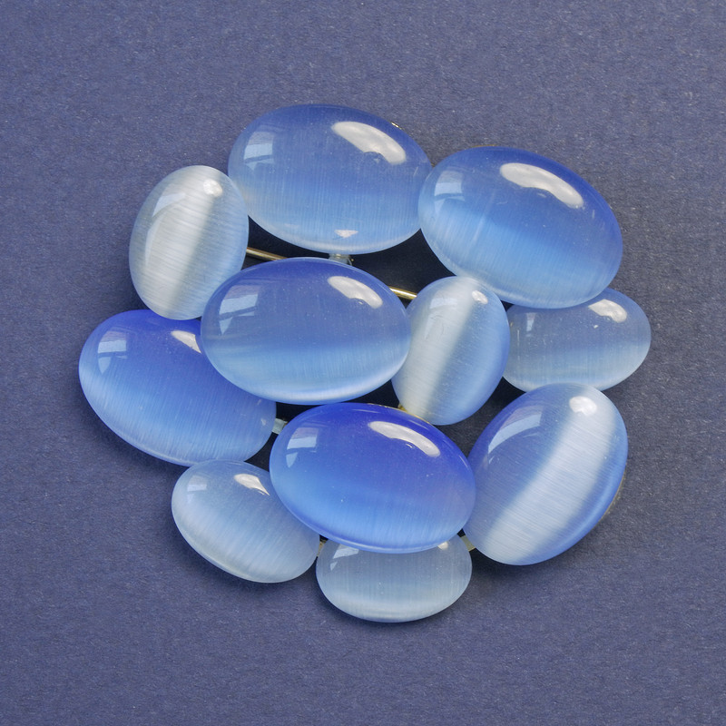 Брошка з каменем блакитне Котяче око (сінт) 45х50мм+- золотистий метал, фото 1