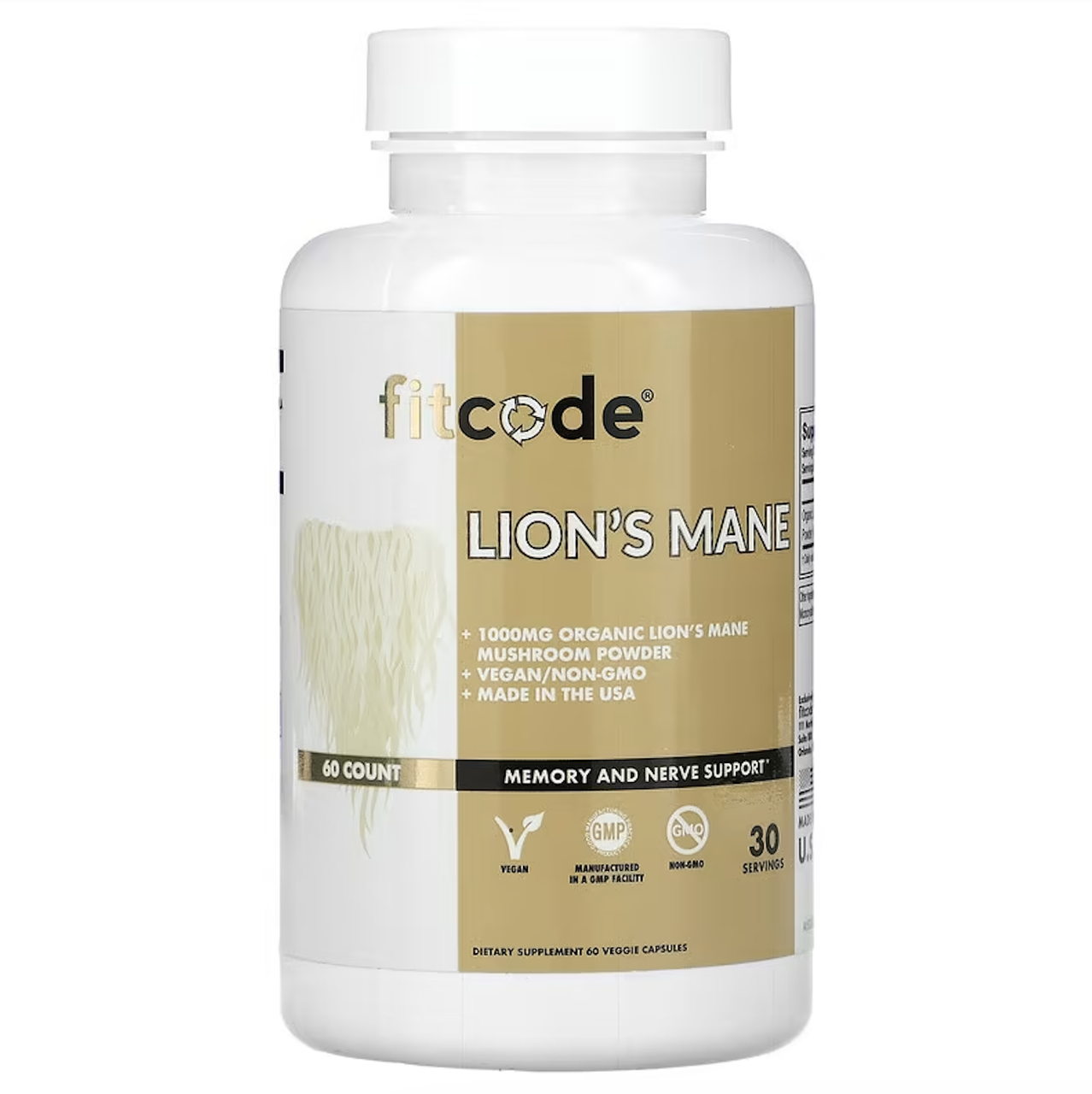 Fitcode, їжовик гребінчастий, 1000 мг, 60 веганських капсул (500 мг у капсулі), фото 1