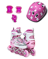 Комплект роликів із захистом та шоломом Happy. Рожевий комплект. Розміри 29-33 / 34-38 / 38-41