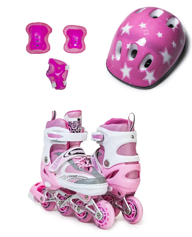 Комплект роликов с защитой и шлемом Happy. Розовый цвет. Размеры 29-33 / 34-38 / 38-41