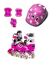 Комплект роликів з захистом і шоломом Scale Sport. Рожеві. Розміри 29-33 / 38-41