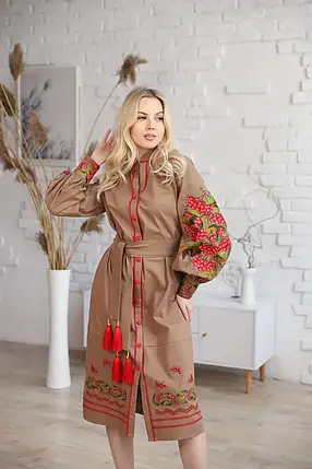 Бежева жіноча сукня міді з вишивкою калини, Сукні українська вишиванка бежеві, Жіночі бежеві сукні,, фото 2