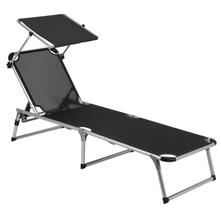 Ліжко Туристичне Розкладне Bo-Camp Sun Lounger With Sunscreen 5 Positions Black Кемпінгова Складана Розкладачка для риболовлі