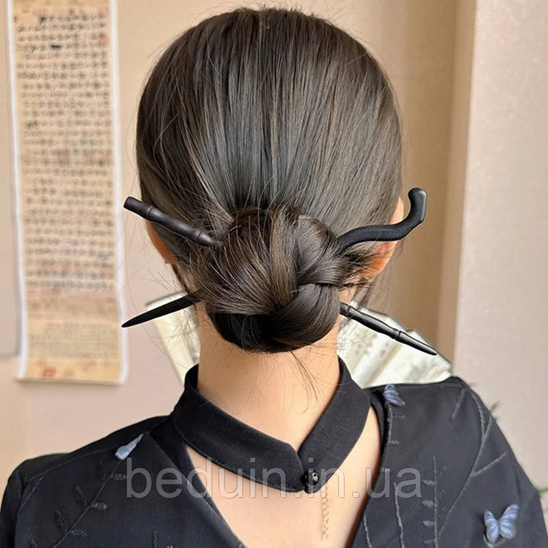 Набір: дерев'яні палички 2 шт. у пучок "Кітанка" шпилька для волосся, шпилька — Aushal Jewellery