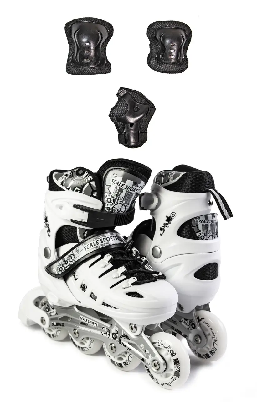 РОЛИКИ + КОМПЛЕКТ ЗАХИСТІВ (на коліна, лікті та долоні) Scale Sports білі, розмір 34-38