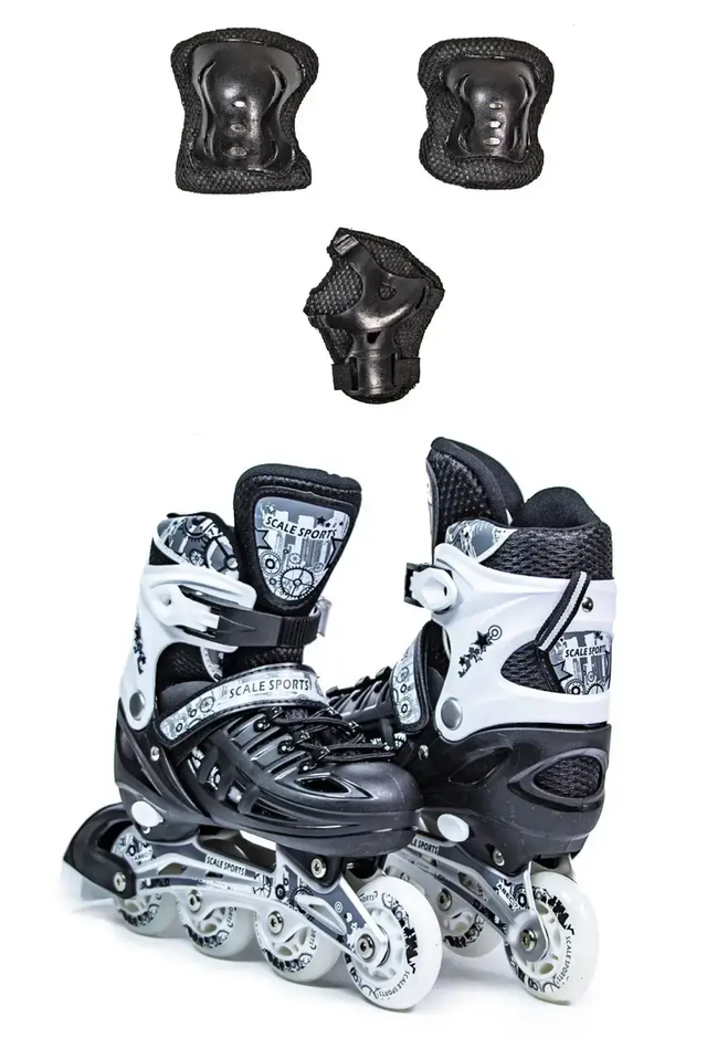 Ролики + комплект защиты (на колени, локти и ладони) Scale Sports. Чёрные. Размеры 29-33 / 34-38 / 38-41
