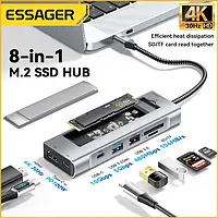 USB-хаб Essager 8 in 1 USB C HUB with 10Gbps External Hard Drive Function NVMЕ/SATA SSD Grey