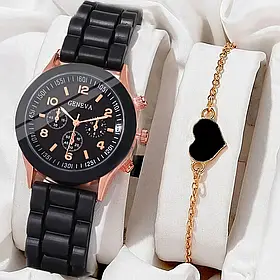 Наручний кварцовий годинник унісекс Geneva чорний годинник + браслет із серцем