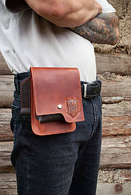 Чоловіча поясна шкіряна сумка з карабіном світло-коричнева з Тризубом | ремінь через плече опціонально