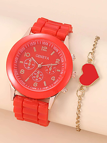 Наручний кварцовий годинник унісекс Geneva червоний годинник + браслет із серцем