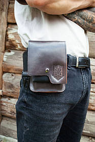 Чоловіча поясна шкіряна сумка з карабіном коричнева з Тризубом | ремінь через плече опціонально