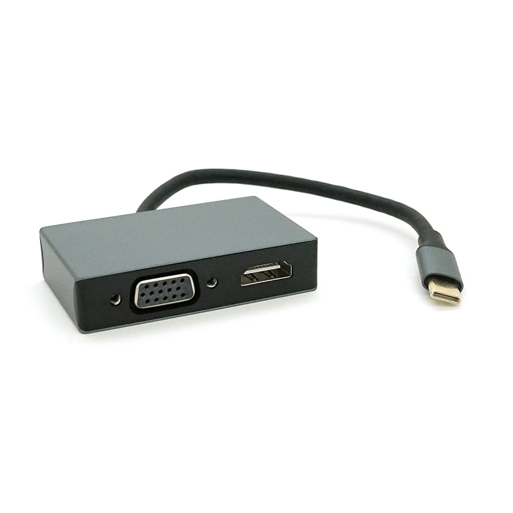Хаб Type-C (тато) алюмінієвий, HDMI (мама) + VGA (мама) + USB3.0 (мама) + PD (мама), 23 cm, Silver
