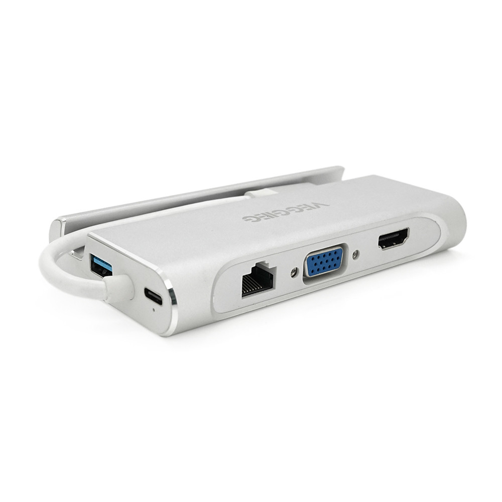 Хаб-конвертор VEGGIEG TC07-S Type-C (тато) на Type-C (мама) + USB3.0*3 (мама) + HDMI (мама) + RJ45, 10 см, Silver,