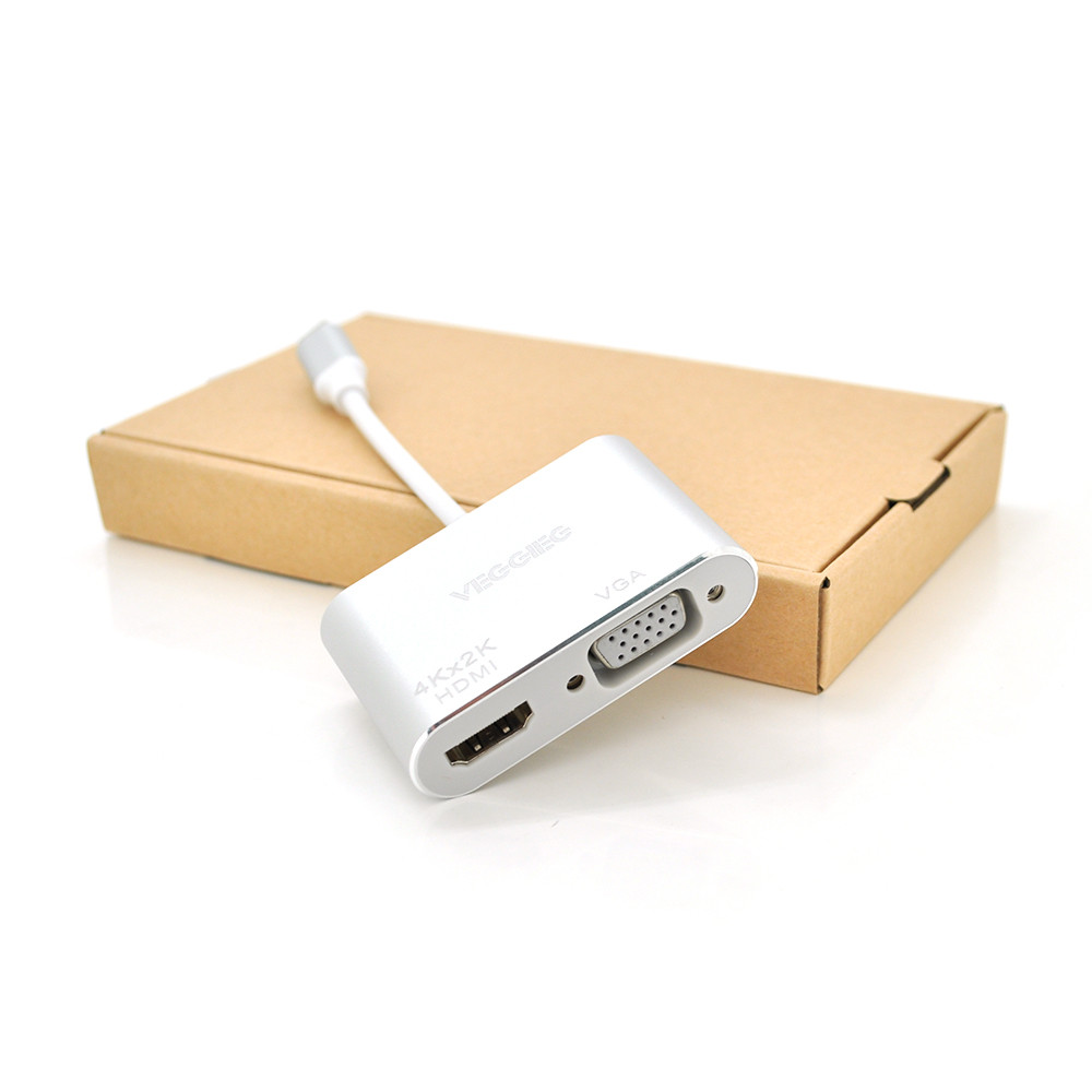 Хаб-конвертор VEGGIEG Type-C (тато) на VGA (мама) + HDMI(мама), 10 см, Silver, Box