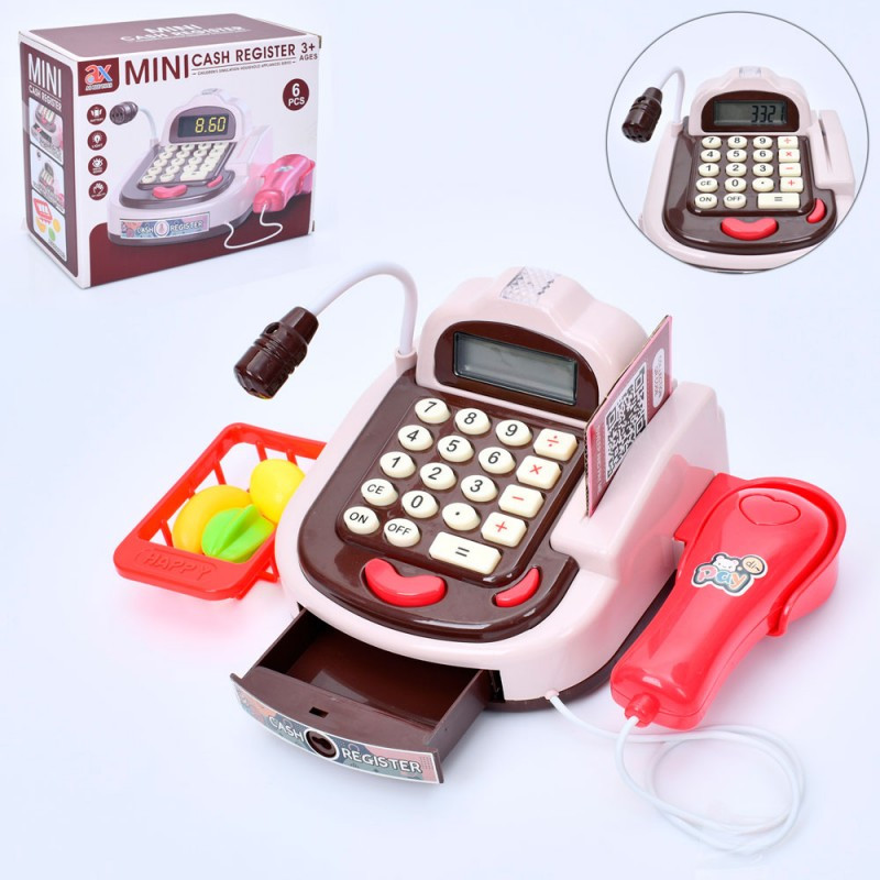 Касовий апарат дитячий 6828A, 21 см, калькулятор, сканер, продукти, світло, на батарейках