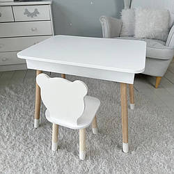 Дитячий столик і стільчик ведмедик білий. Столик із шухлядою для олівців і розмальовок