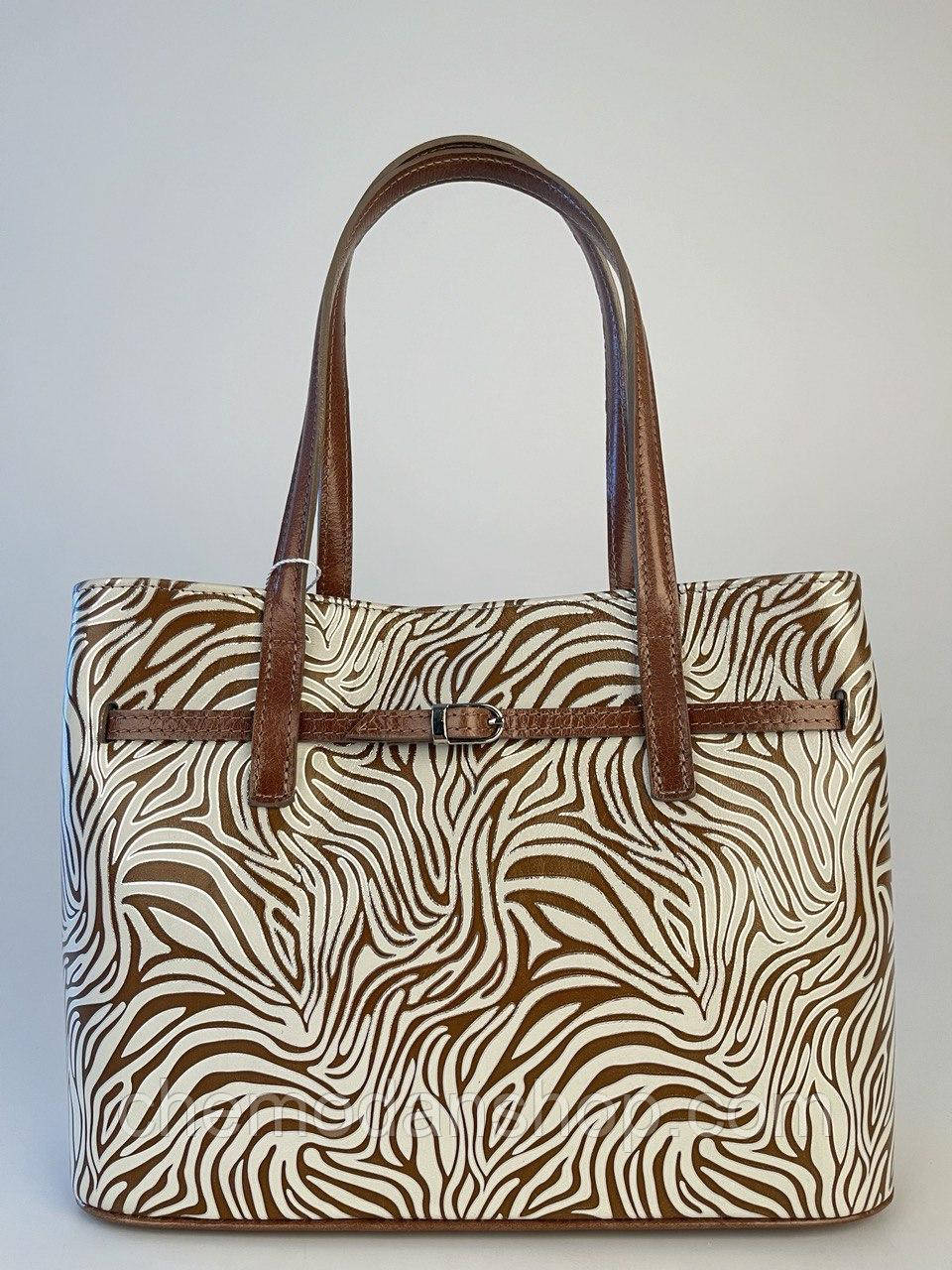 Сумка Assa 1088 середня шкіряна з коричнево-білим принтом