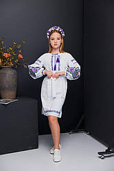 Вишита сукня з льону для дівчаток білого кольору з квітковою вишивкою хрестиком розміри 116