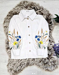 Дитяча вишита сорочка для дівчаток білого кольору із льону з квітковою вишивкою розмір 140