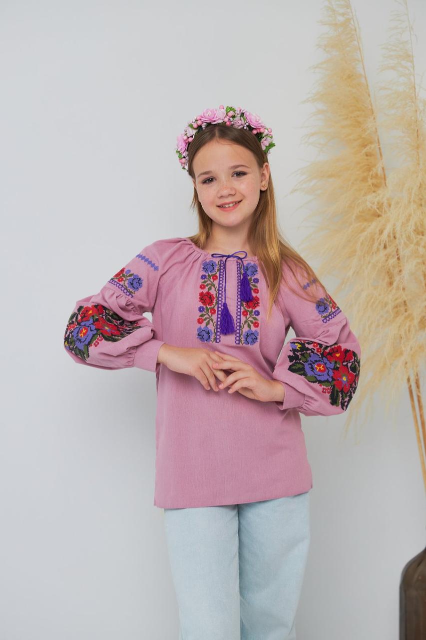 Дитяча вишиванка, блуза для дівчаток з яскравою вишивкою розміри від 122 до 140