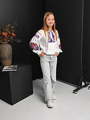 Вишиванка підліткова із льону, блуза для дівчаток з яскравою вишивкою розміри 140-158