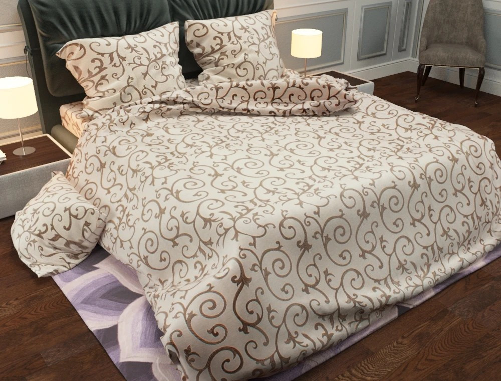 Полуторний комплект з простирадлом на резинці 100х190х20, принт: Вензель штрих, світле, фото 1