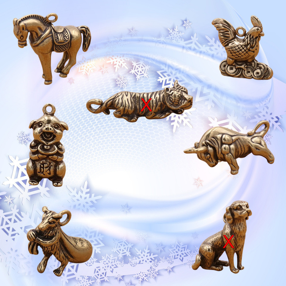 Вінтажний ретро мідний латунний брелок підвіска для ключів статуетка китайський знак зодіаку у вигляді тварини, фото 1