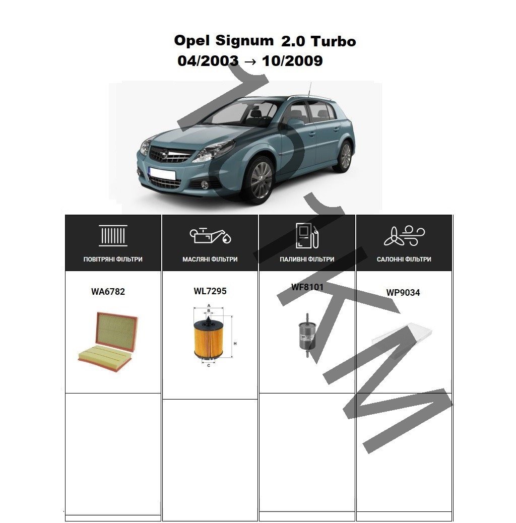 Комплект фільтрів Opel Signum 2.0 Turbo (2003-2009) WIX