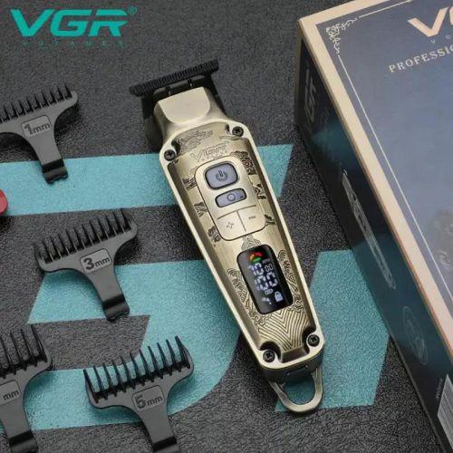 Машинка триммер для стрижки волосся бороди електрична акумуляторна VGR V 901 4 насадки LED дисплей