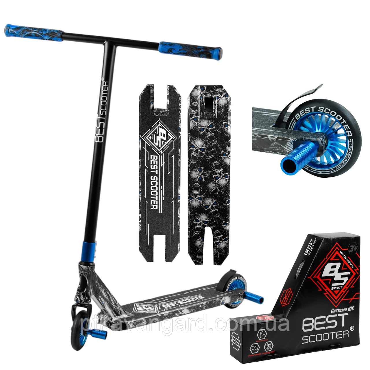 Трюковий самокат з Черепами Best Scooter BS-99808 пряме кермо HIC-система алюм колеса 110 мм чорний, фото 1