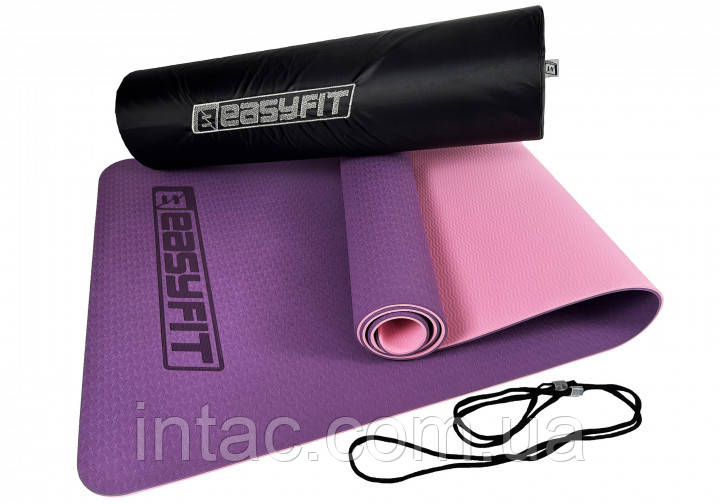 Килимок для йоги та фітнеса EasyFit TPE+TC 6мм двошаровий + Чохол фіолетовий з рожевим