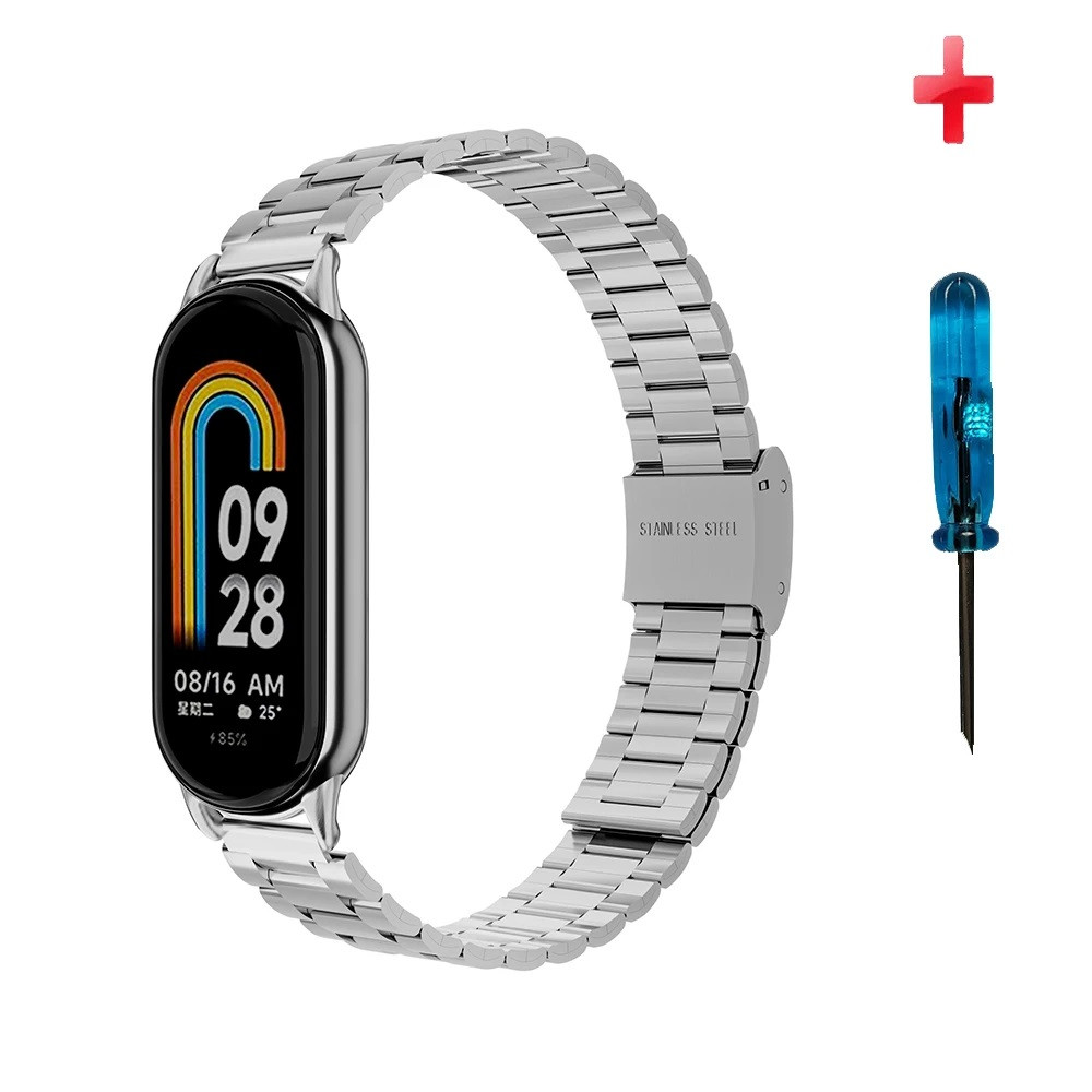 Ремінець для фітнес-браслету Xiaomi Mi Band 8 і 9 металевий тип В із застібкою сріблястий