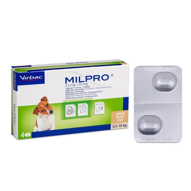 Virbac Milpro 2,5 мг/25 мг (Мілпро) Антигельмінтні 2 пігулки для цуценят малих порід собак (вага 0,5-10 кг)