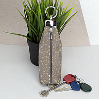 Ключниця шкіряна на блискавці з кільцем HC0044 бежева у квітку