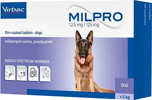 Virbac Milpro 12,5 мг/125 мг (Мілпро) Антигельмінтні 4 таблетки для собак (понад 5 кг)
