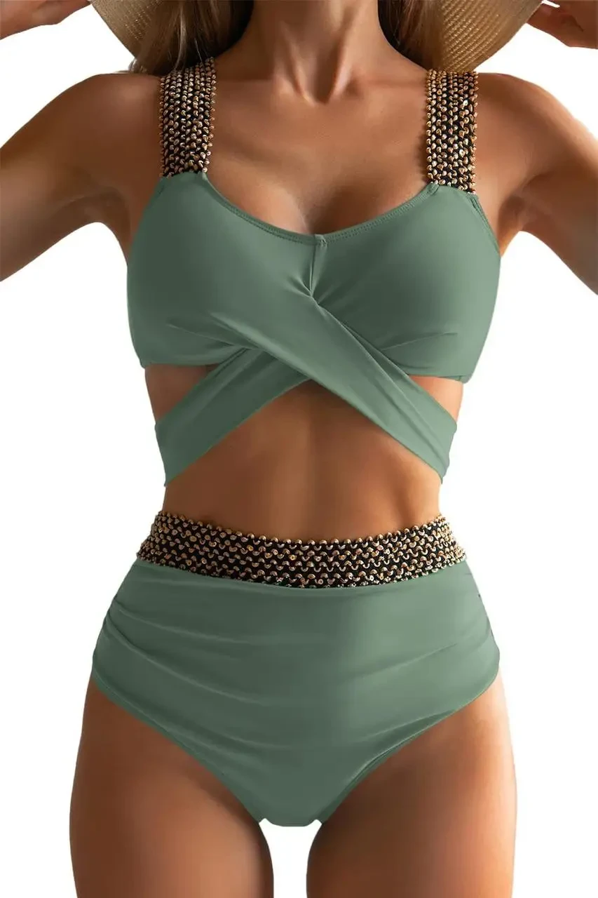 Зелений роздільний жіночий купальник-хрест на хрест із високими трусиками