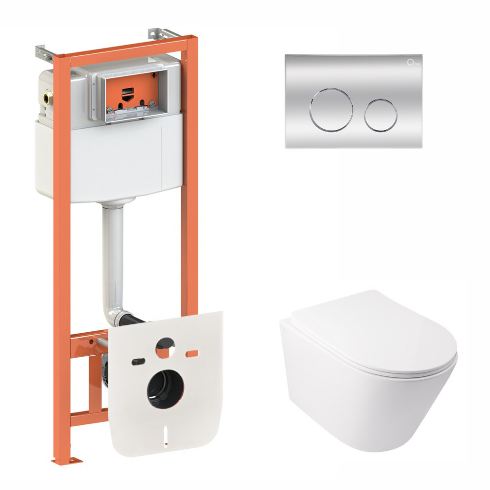 Готове рішення Qtap для ванної кімнати: підвісний унітаз Swan Rimless 520х360х320 + комплект інсталяції Nest 4 в 1 (кругла клавіша, фото 1