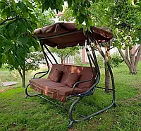 РОЗКЛАДНА садова ГОЙДАЛКА 2 в 1 Garden на 4 особи ПОСИЛЕНА Сталева труба 48мм+подушки В ПОДАРУНОК +підстаканники Коричнева Польща