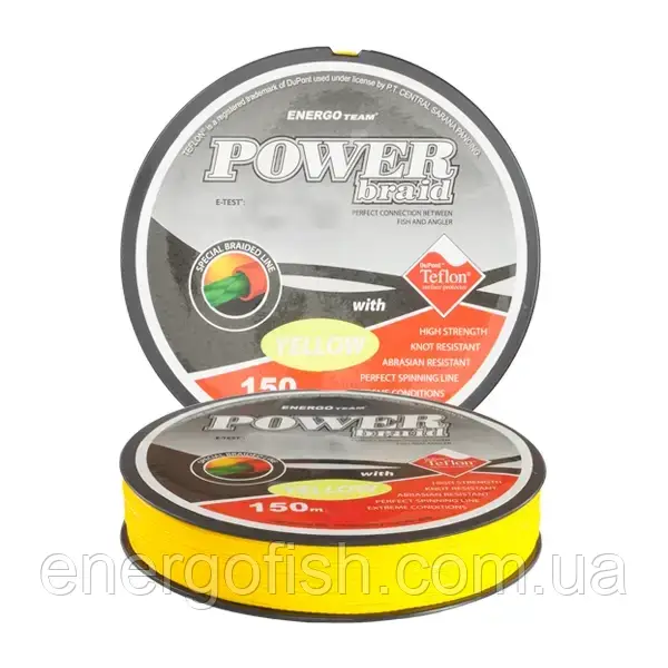 Шнур Power Teflon Yellow Braid X8 150 м 0.25 mm 17.5kg, фото 1