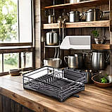 Сушарка для посуду на стільницю з піддоном для води чорна, металева, фото 2