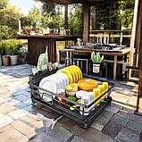 Сушарка для посуду на стільницю з піддоном для води чорна, металева, фото 4