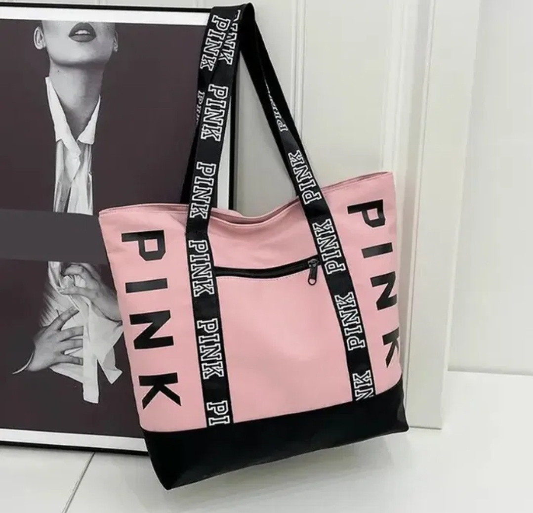 Текстильна жіноча сумка-шопер Pink на блискавці з логотипами.
